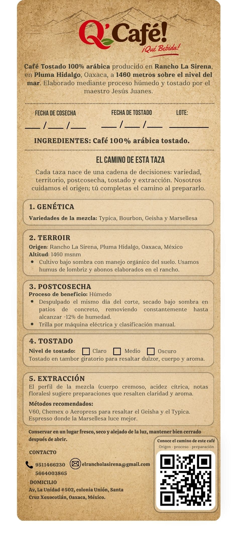 Etiqueta trasera de Q' Café