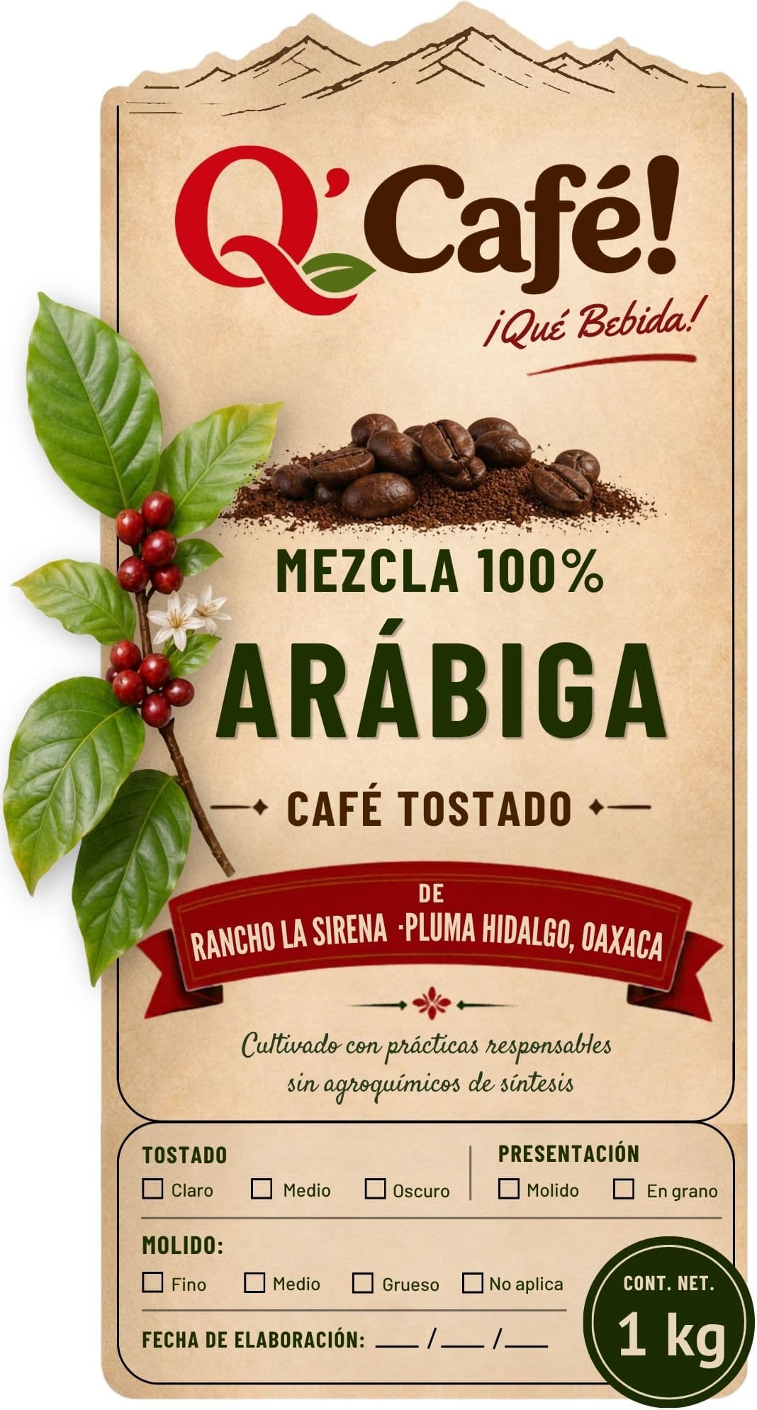 Etiqueta de café con hojas y cerezas